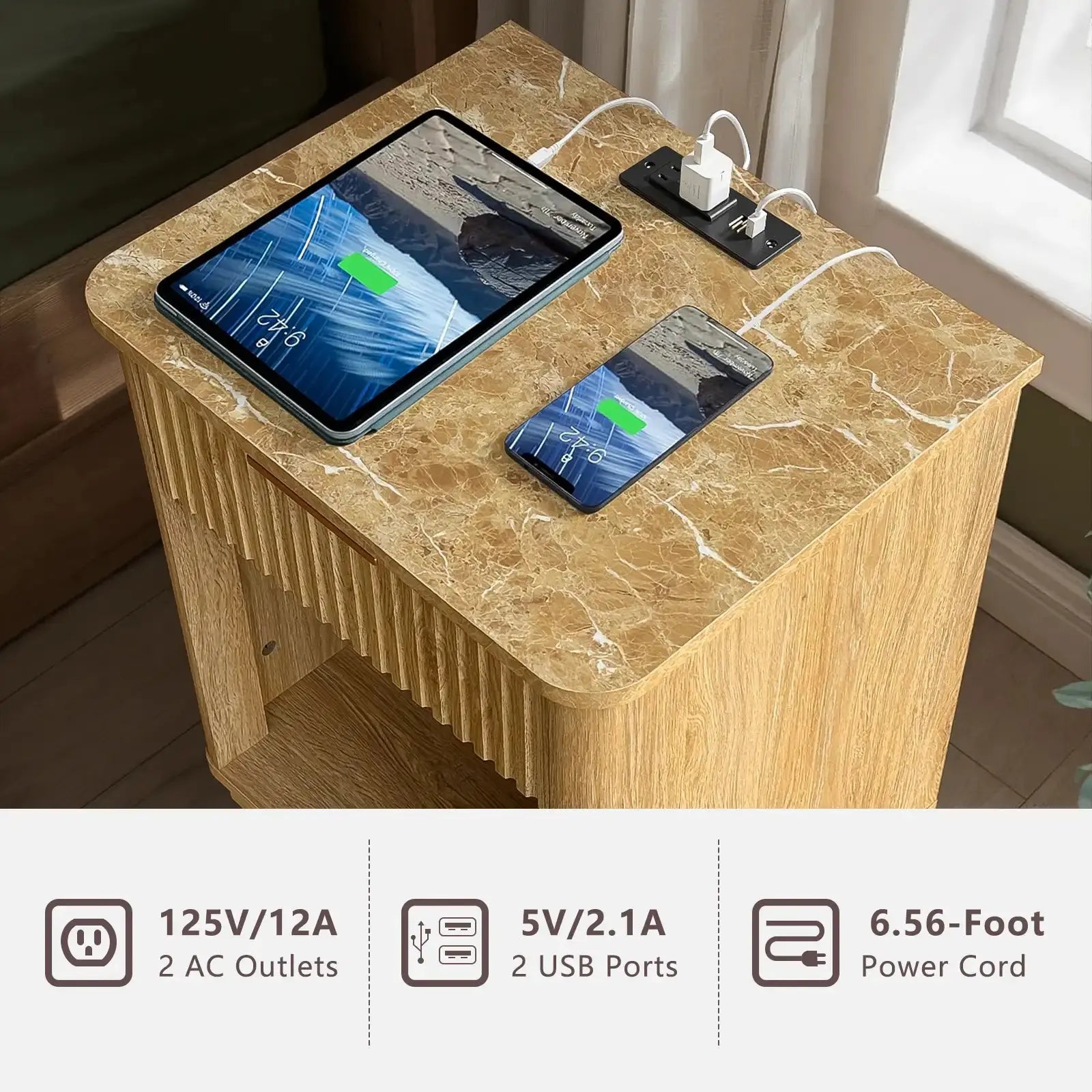 Win2Win Fluted Nightstand with Charging Station, Oak Bedside Table win2win