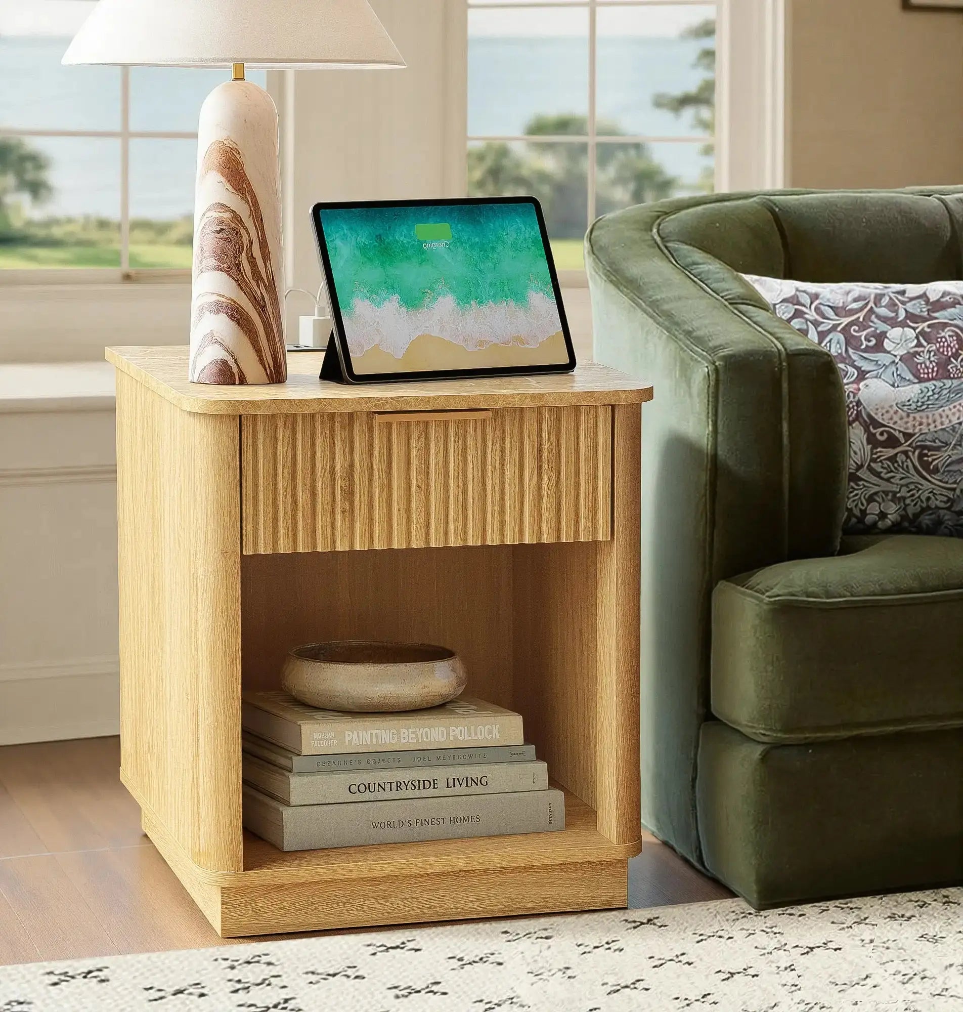 Win2Win Fluted Nightstand with Charging Station, Oak Bedside Table win2win