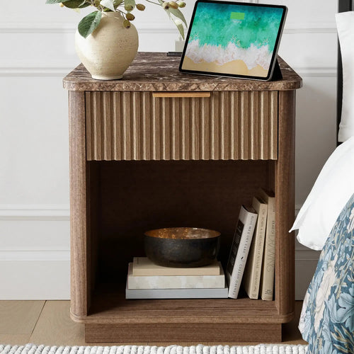 Win2Win Fluted Nightstand with Charging Station, walnut Bedside Table win2win