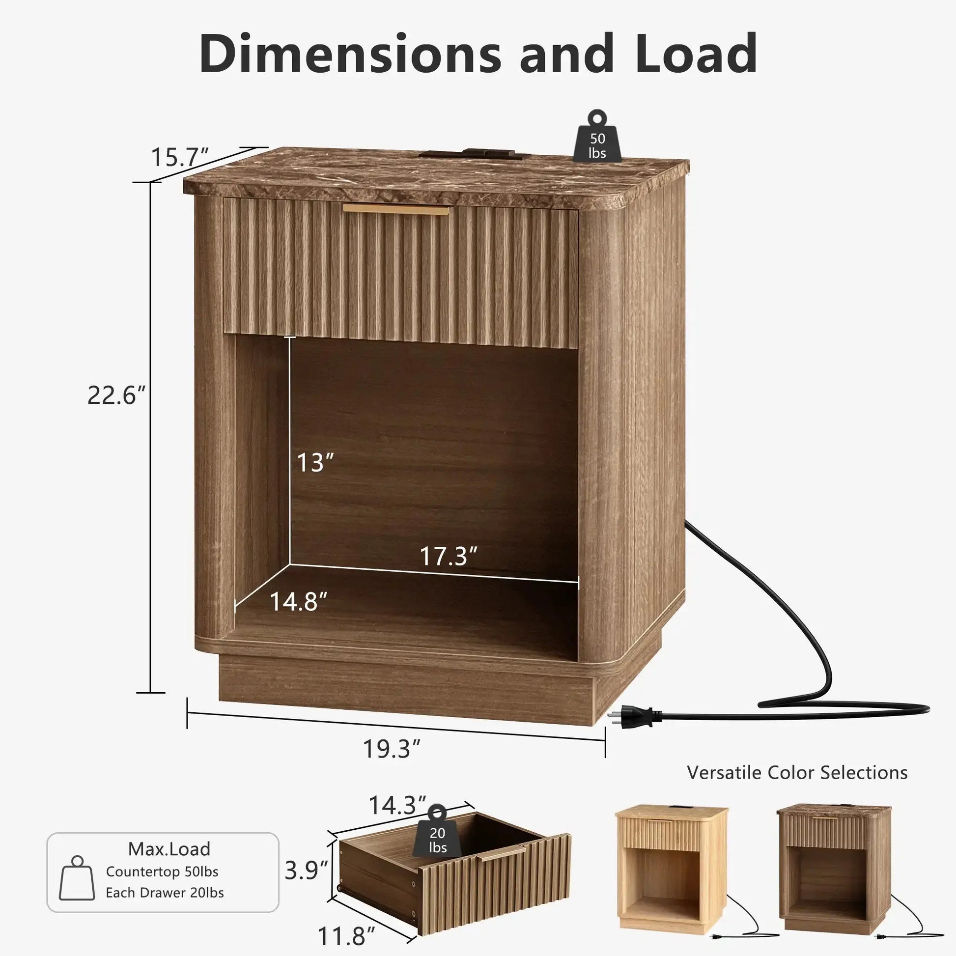 Win2Win Fluted Nightstand with Charging Station, walnut Bedside Table win2win