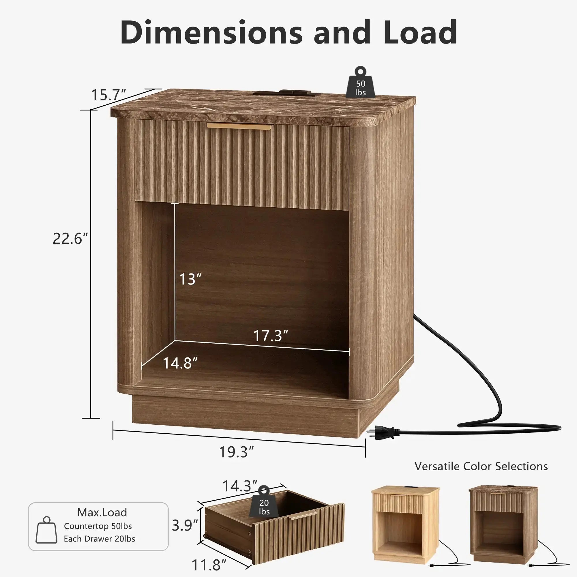 Win2Win Fluted Nightstand with Charging Station, walnut Bedside Table win2win