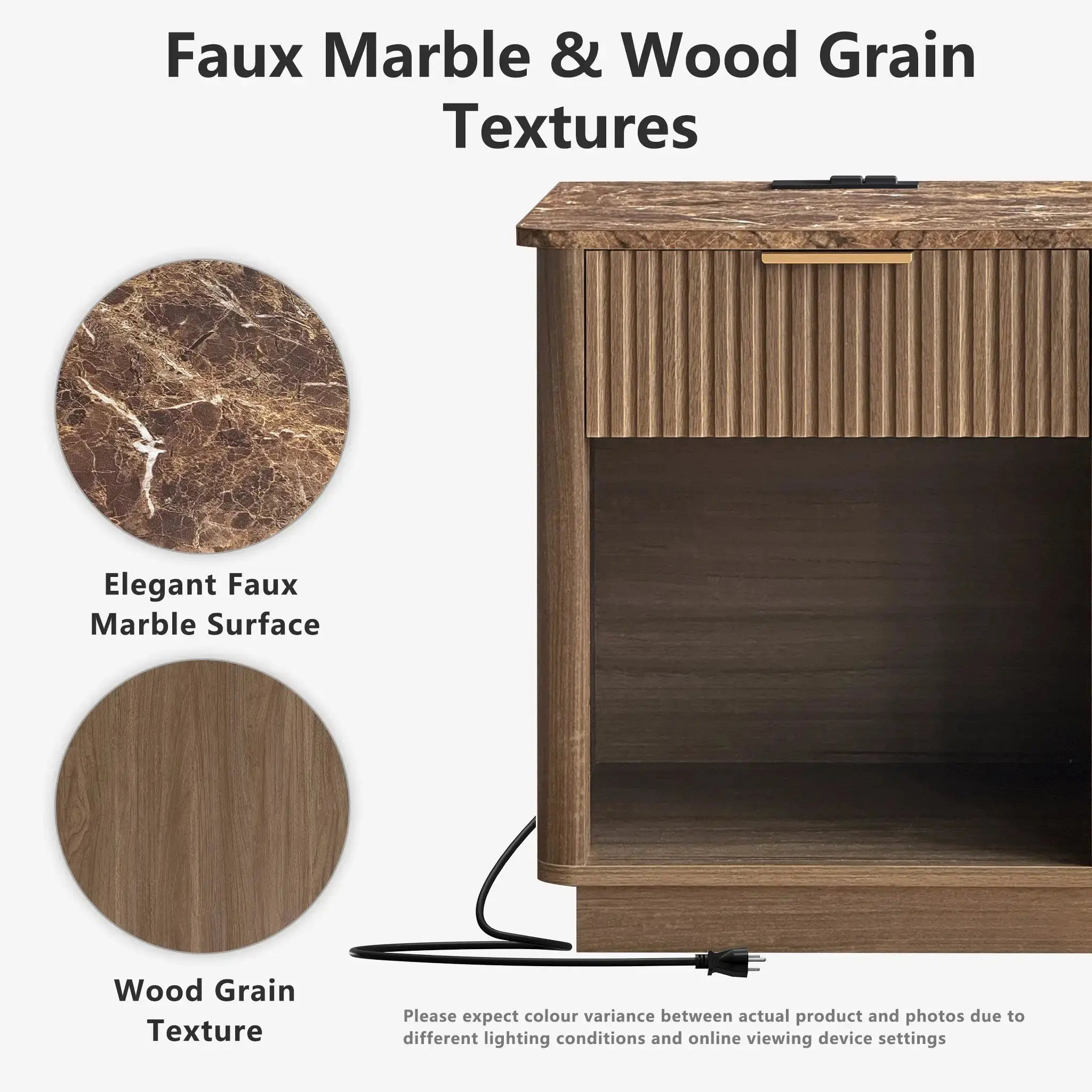 Win2Win Fluted Nightstand with Charging Station, walnut Bedside Table win2win