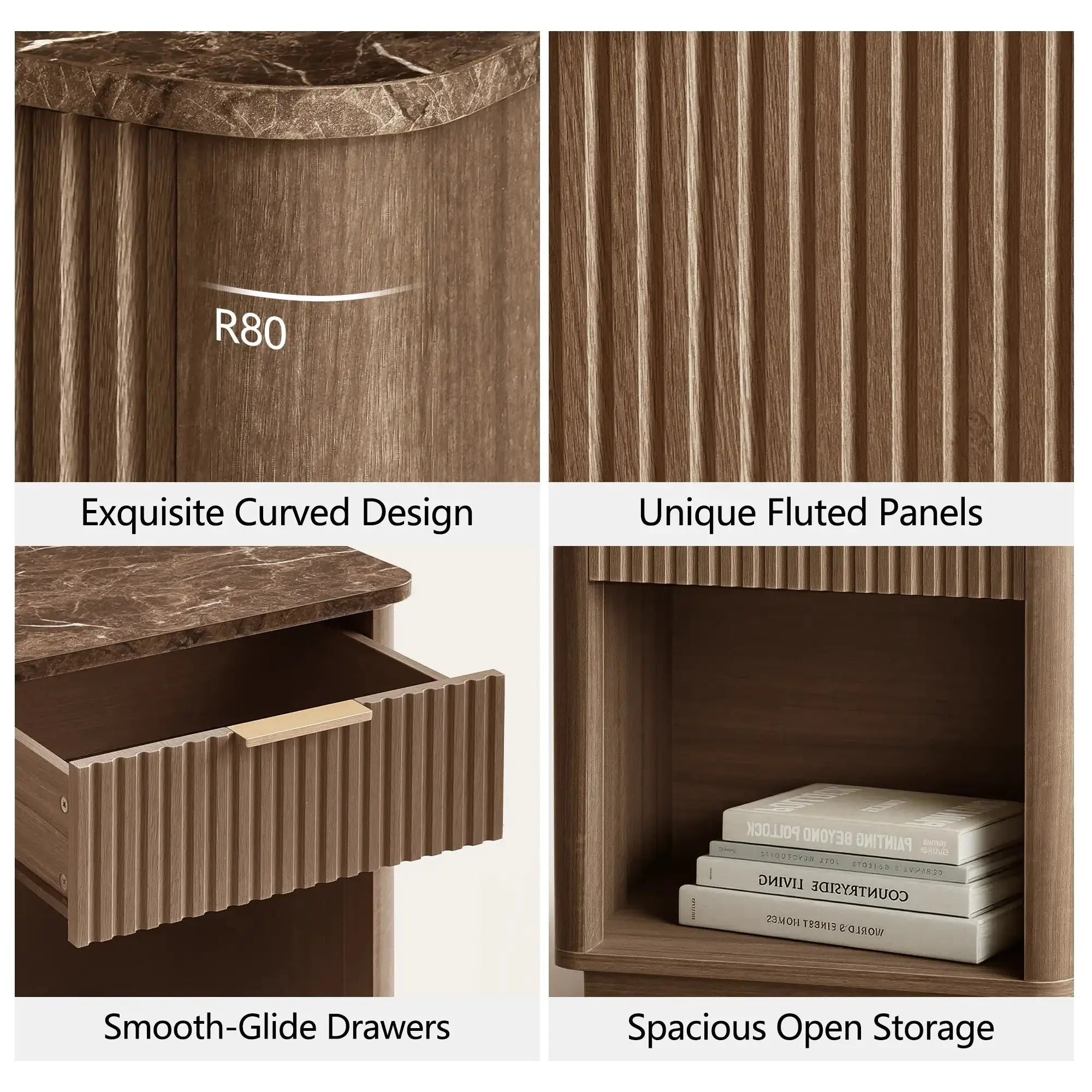 Win2Win Fluted Nightstand with Charging Station, walnut Bedside Table win2win