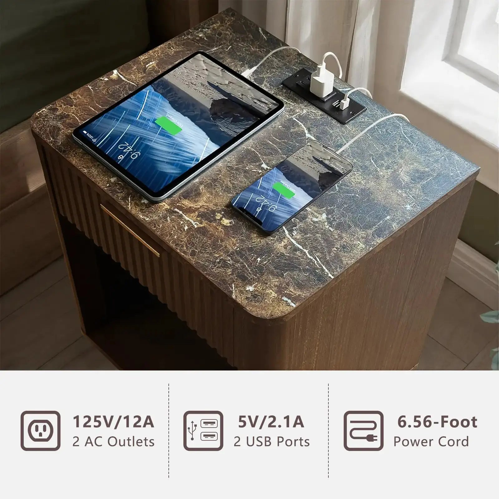 Win2Win Fluted Nightstand with Charging Station, walnut Bedside Table win2win