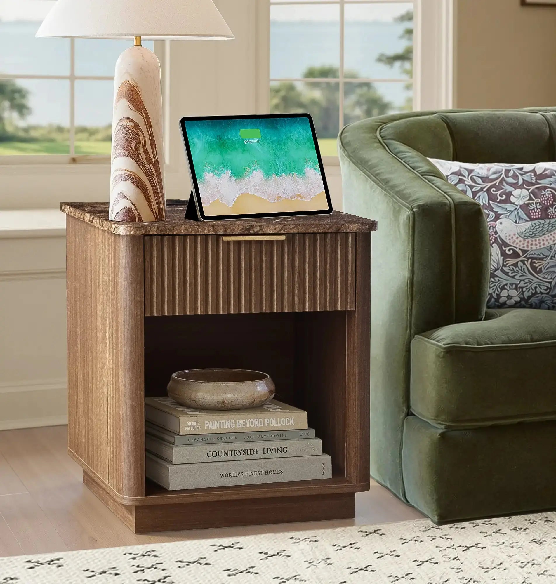 Win2Win Fluted Nightstand with Charging Station, walnut Bedside Table win2win