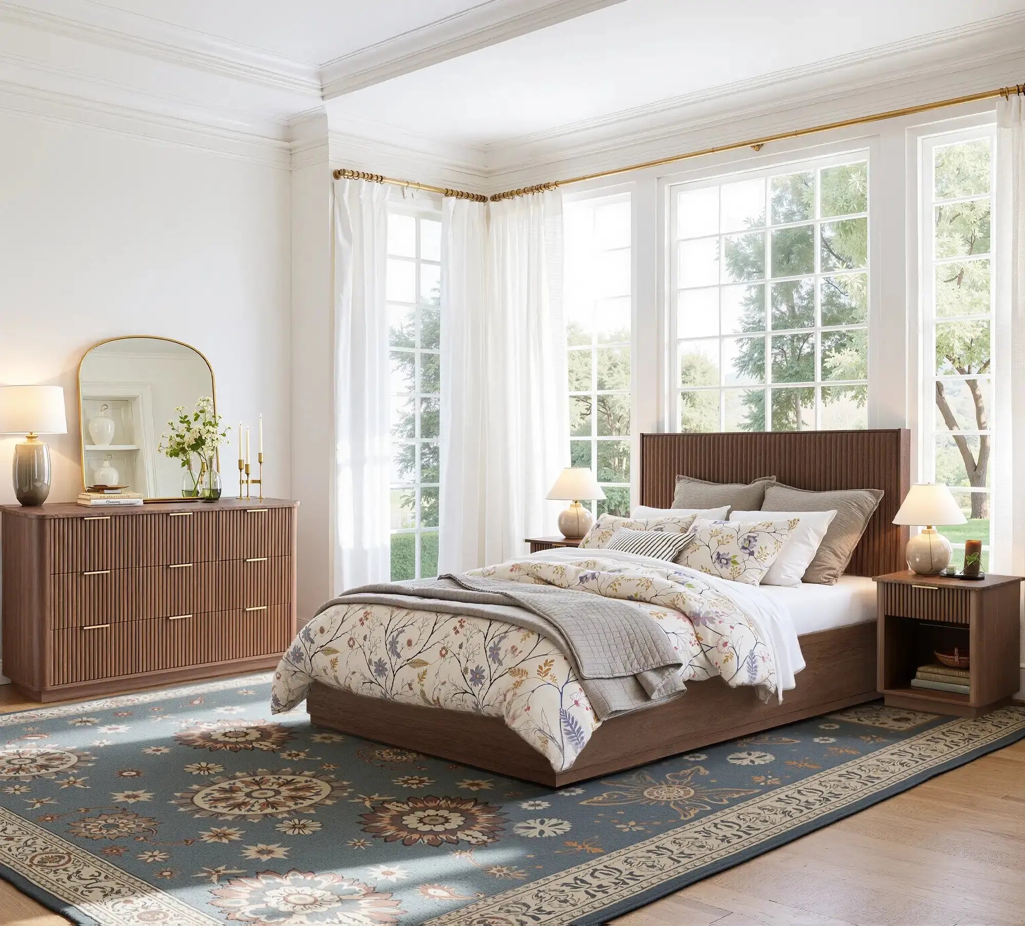 Win2Win Fluted Nightstand with Charging Station, walnut Bedside Table win2win