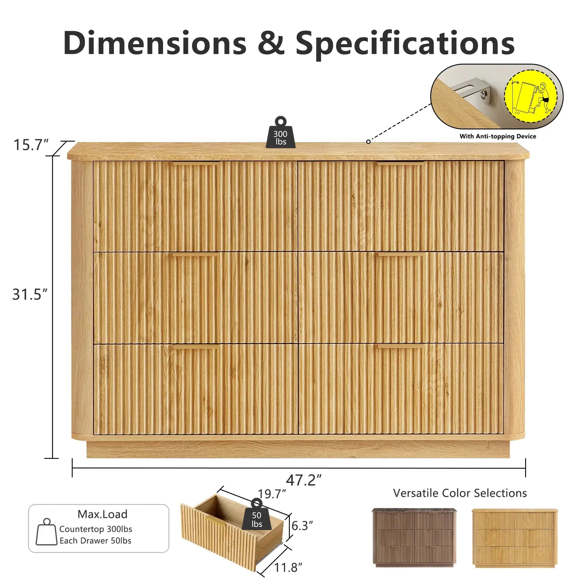 Win2Win Modern Boho 6-Drawer Dresser – Oak Fluted Ches win2win