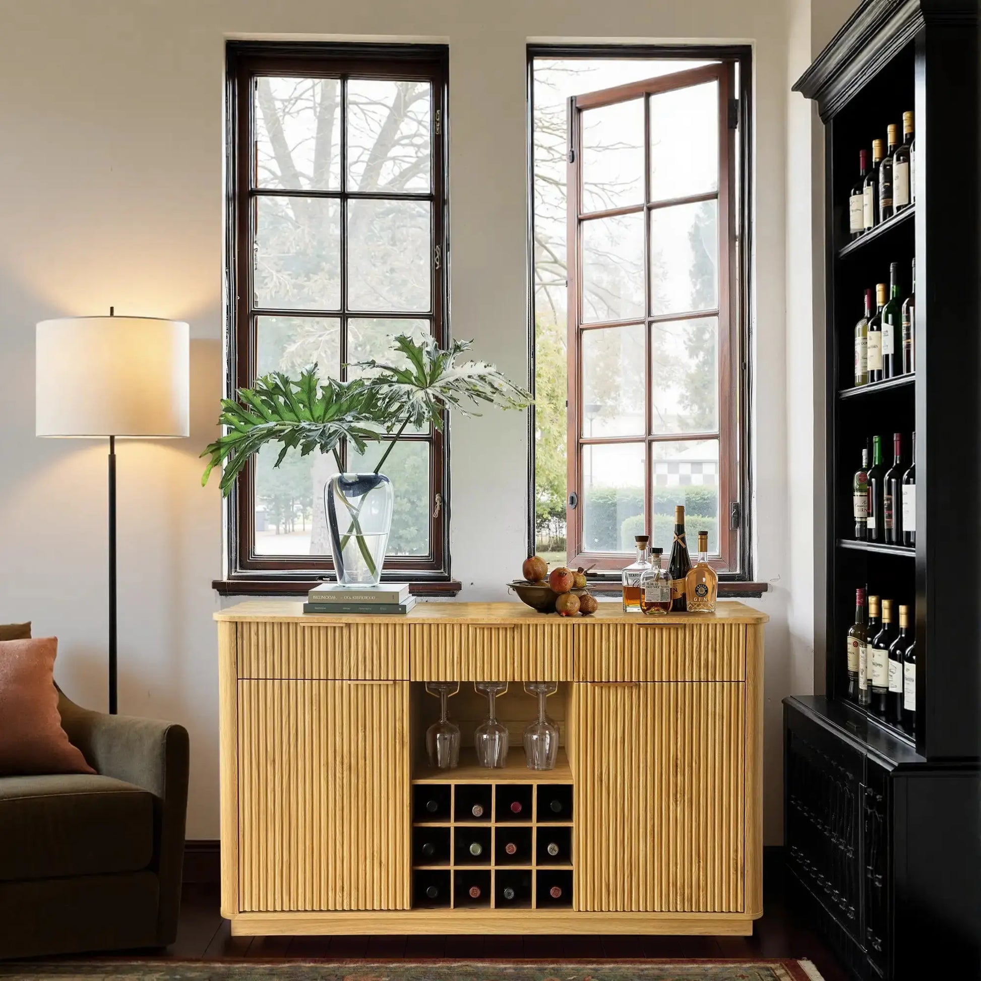 Win2Win Modern Boho 60" Sideboard – Oak | Fluted Wine Bar Cabinet win2win