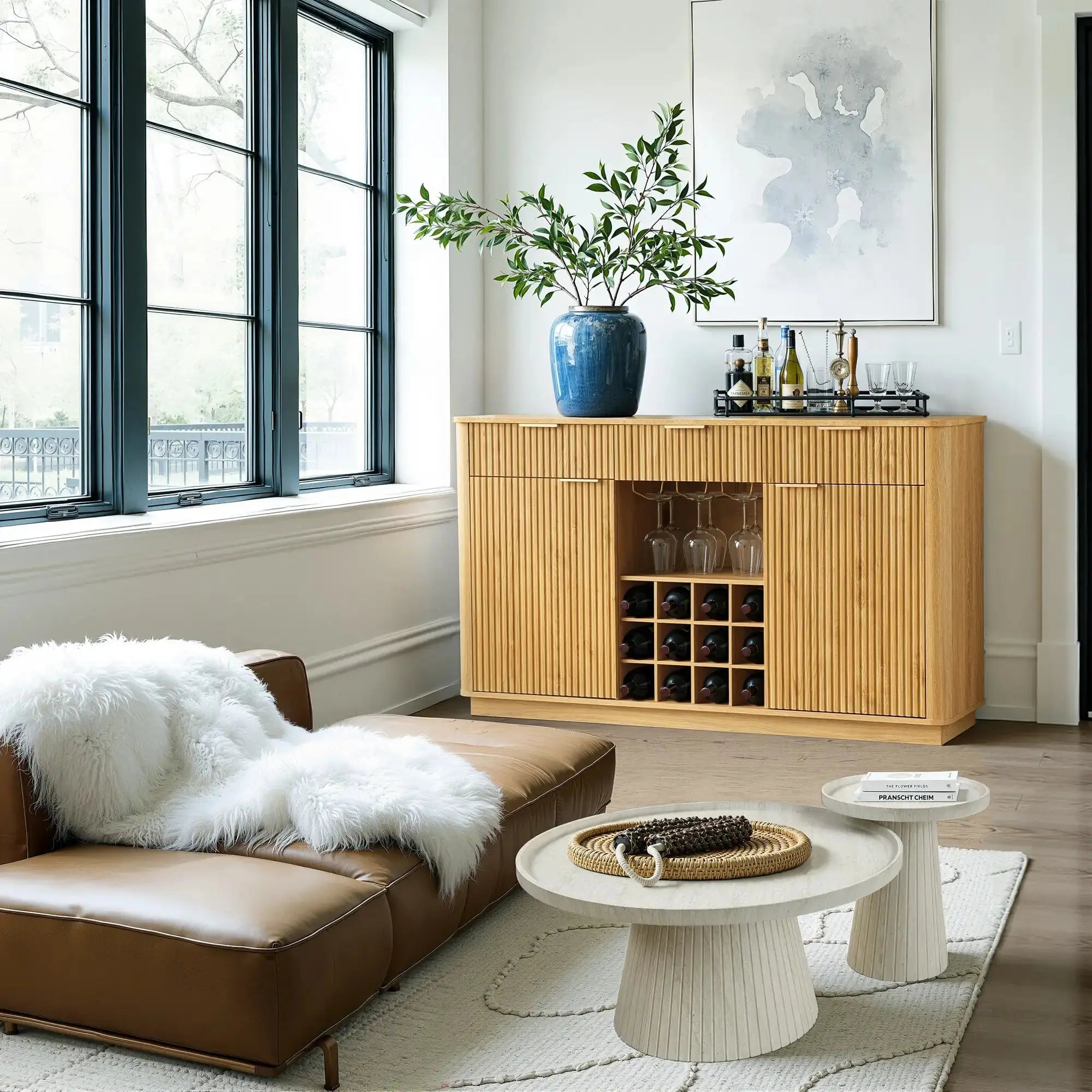 Win2Win Modern Boho 60" Sideboard – Oak | Fluted Wine Bar Cabinet win2win