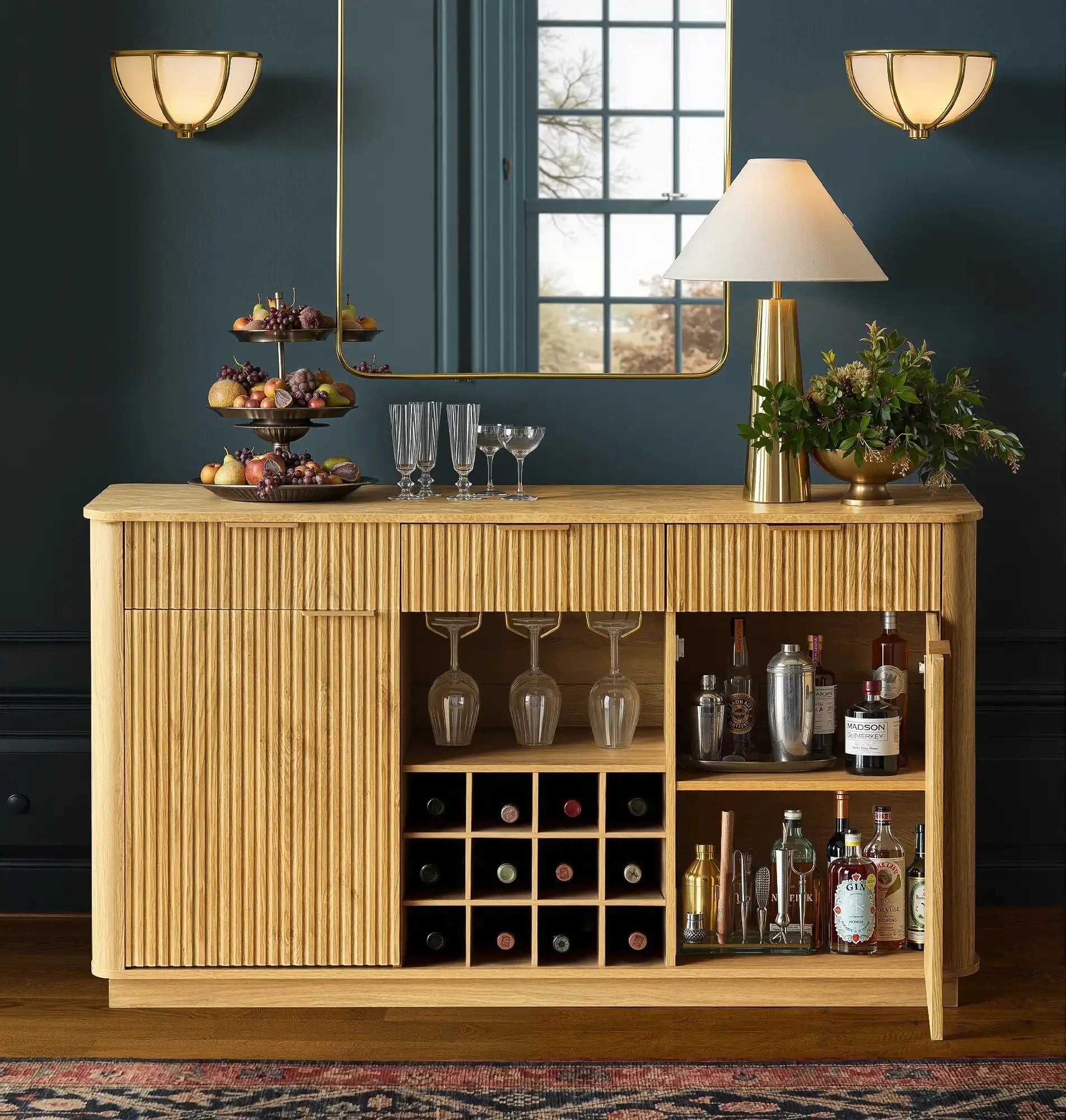 Win2Win Modern Boho 60" Sideboard – Oak | Fluted Wine Bar Cabinet win2win