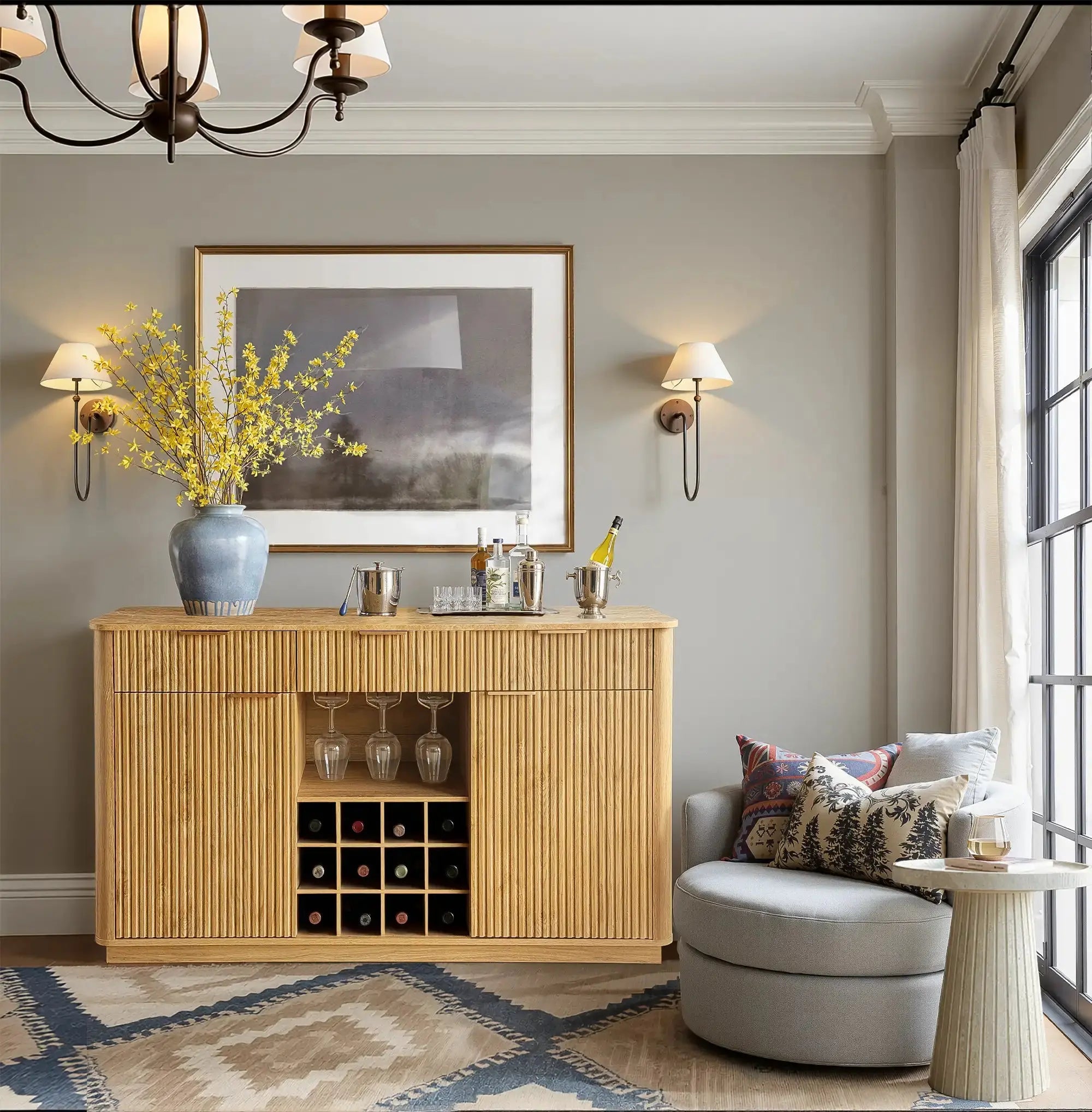 Win2Win Modern Boho 60" Sideboard – Oak | Fluted Wine Bar Cabinet win2win