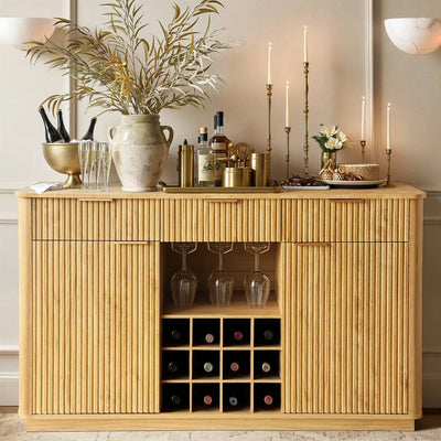 Win2Win Modern Boho 60" Sideboard – Oak | Fluted Wine Bar Cabinet