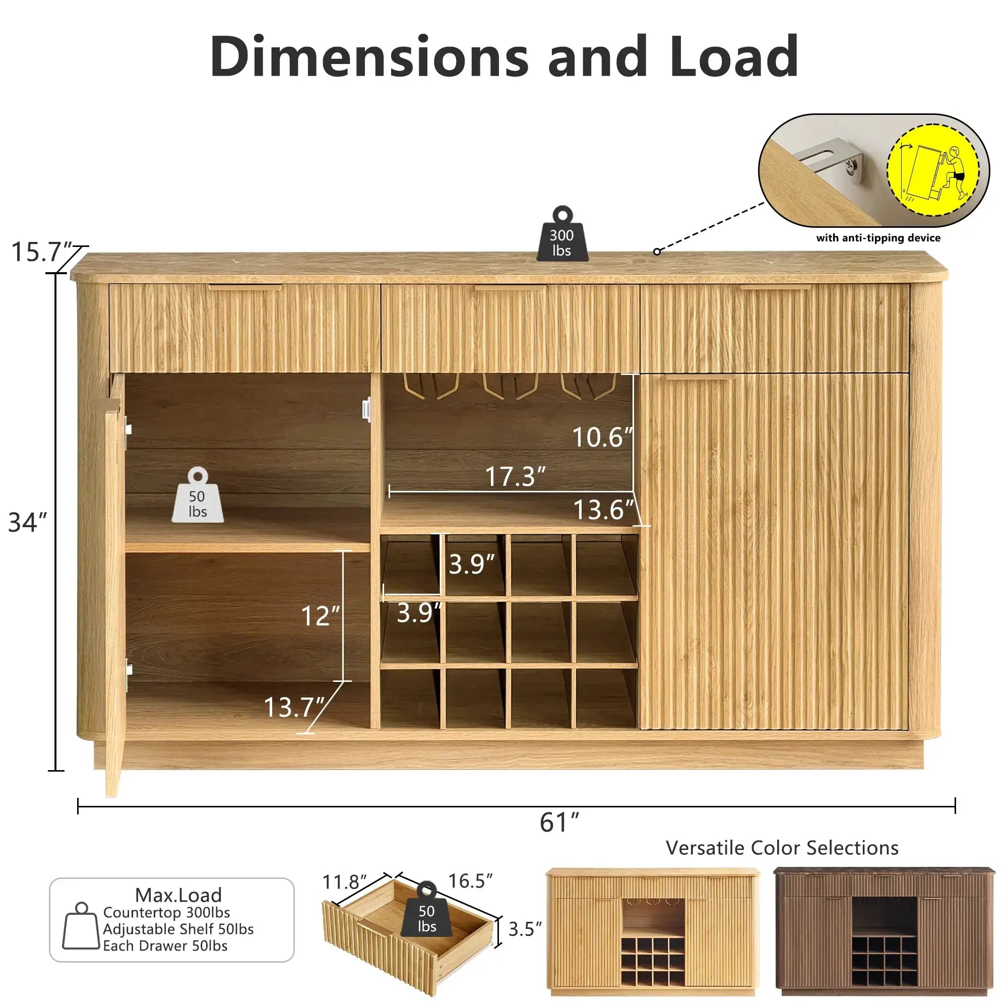 Win2Win Modern Boho 60" Sideboard – Oak | Fluted Wine Bar Cabinet win2win