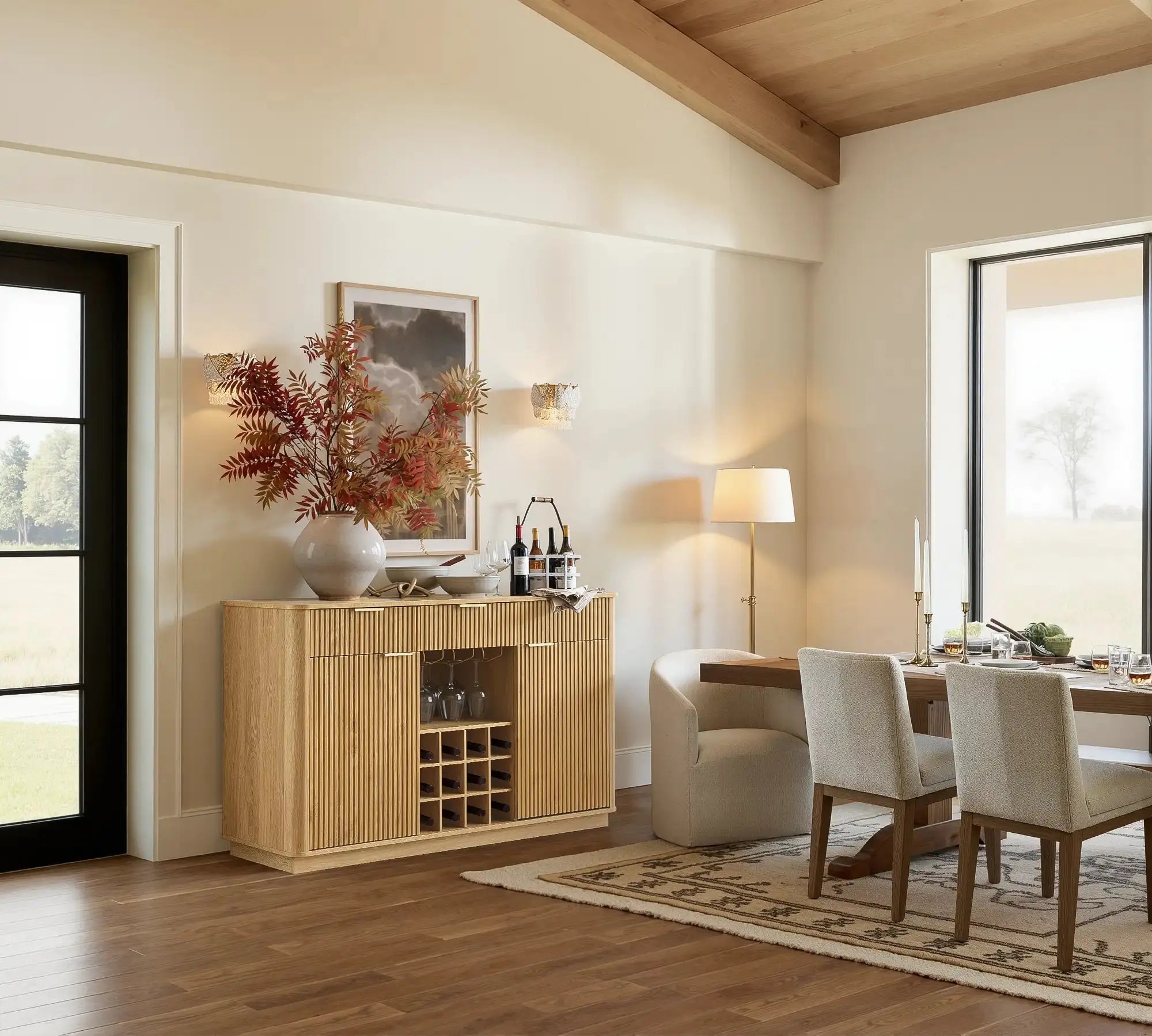 Win2Win Modern Boho 60" Sideboard – Oak | Fluted Wine Bar Cabinet win2win