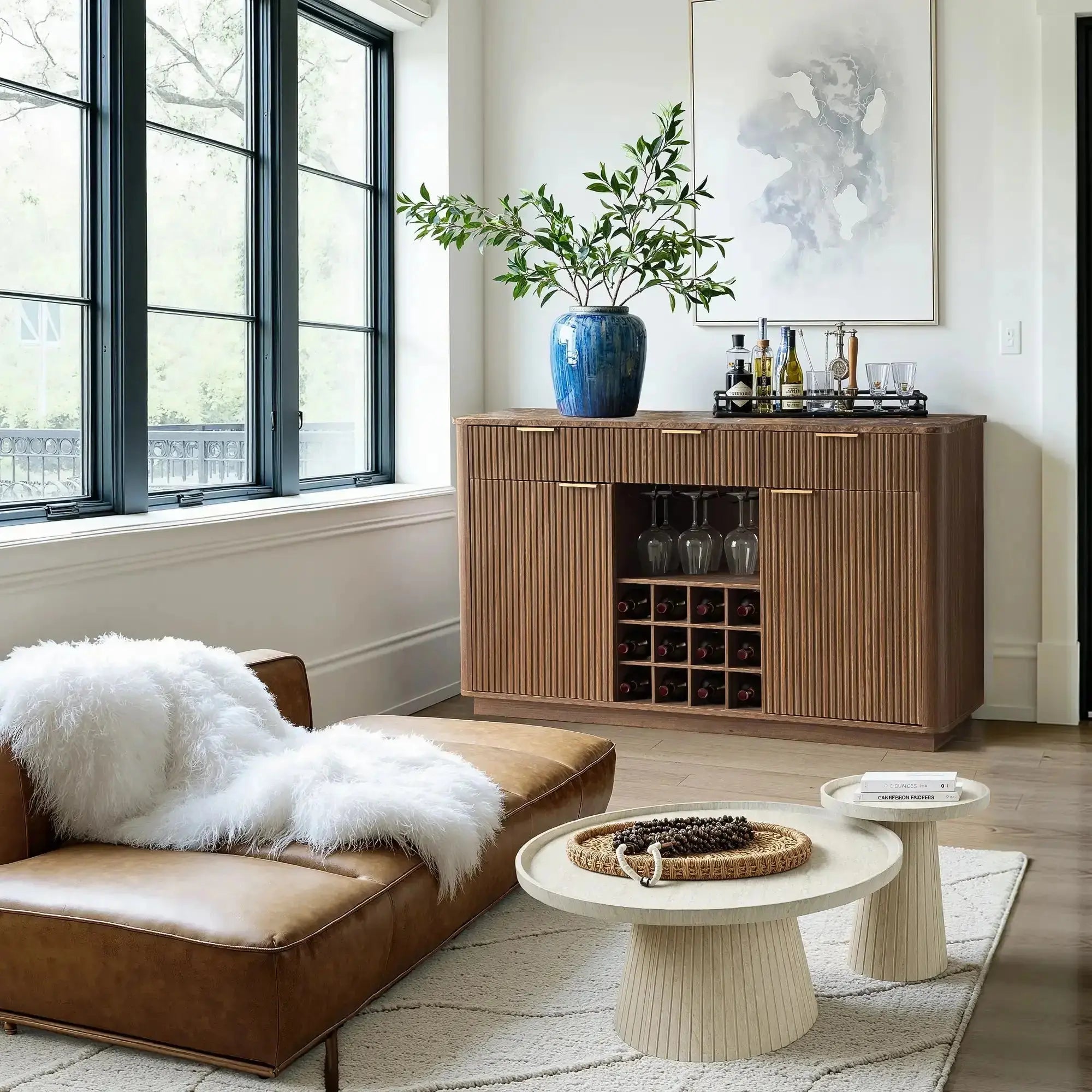 Win2Win Modern Boho 60" Sideboard – Walnut | Fluted Wine Bar Cabinet win2win