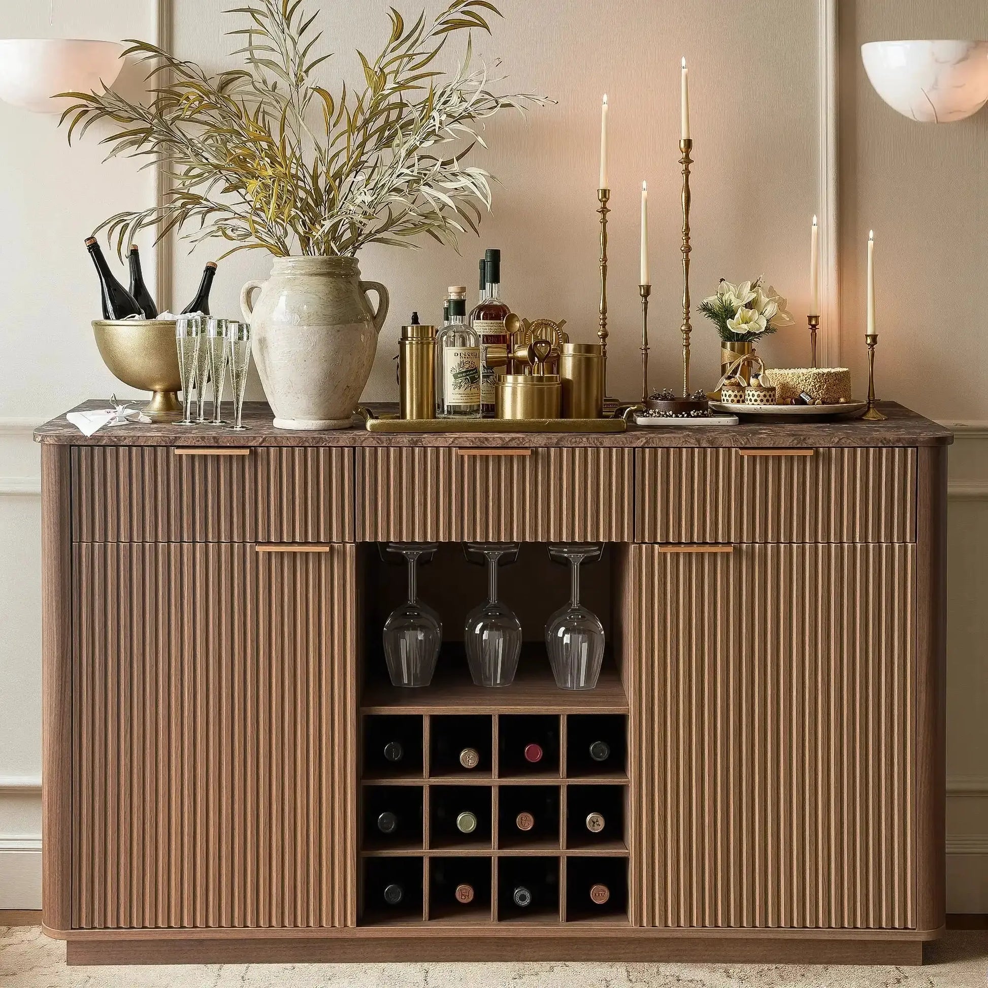 Win2Win Modern Boho 60" Sideboard – Walnut | Fluted Wine Bar Cabinet win2win