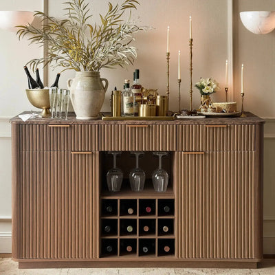 Win2Win Modern Boho 60" Sideboard – Walnut | Fluted Wine Bar Cabinet