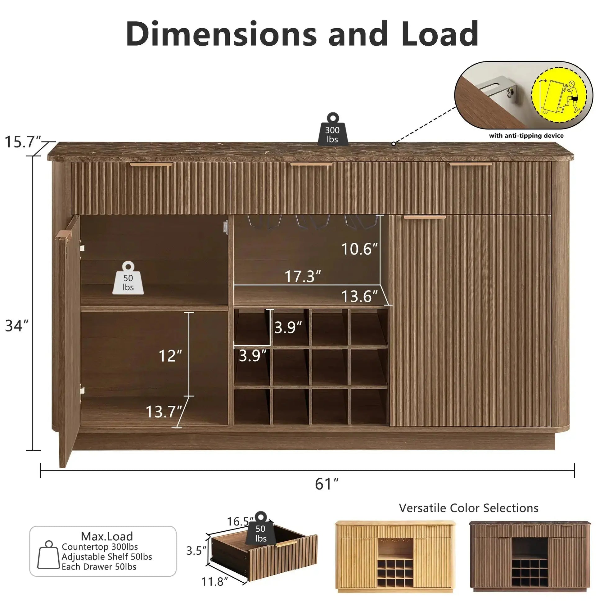 Win2Win Modern Boho 60" Sideboard – Walnut | Fluted Wine Bar Cabinet win2win