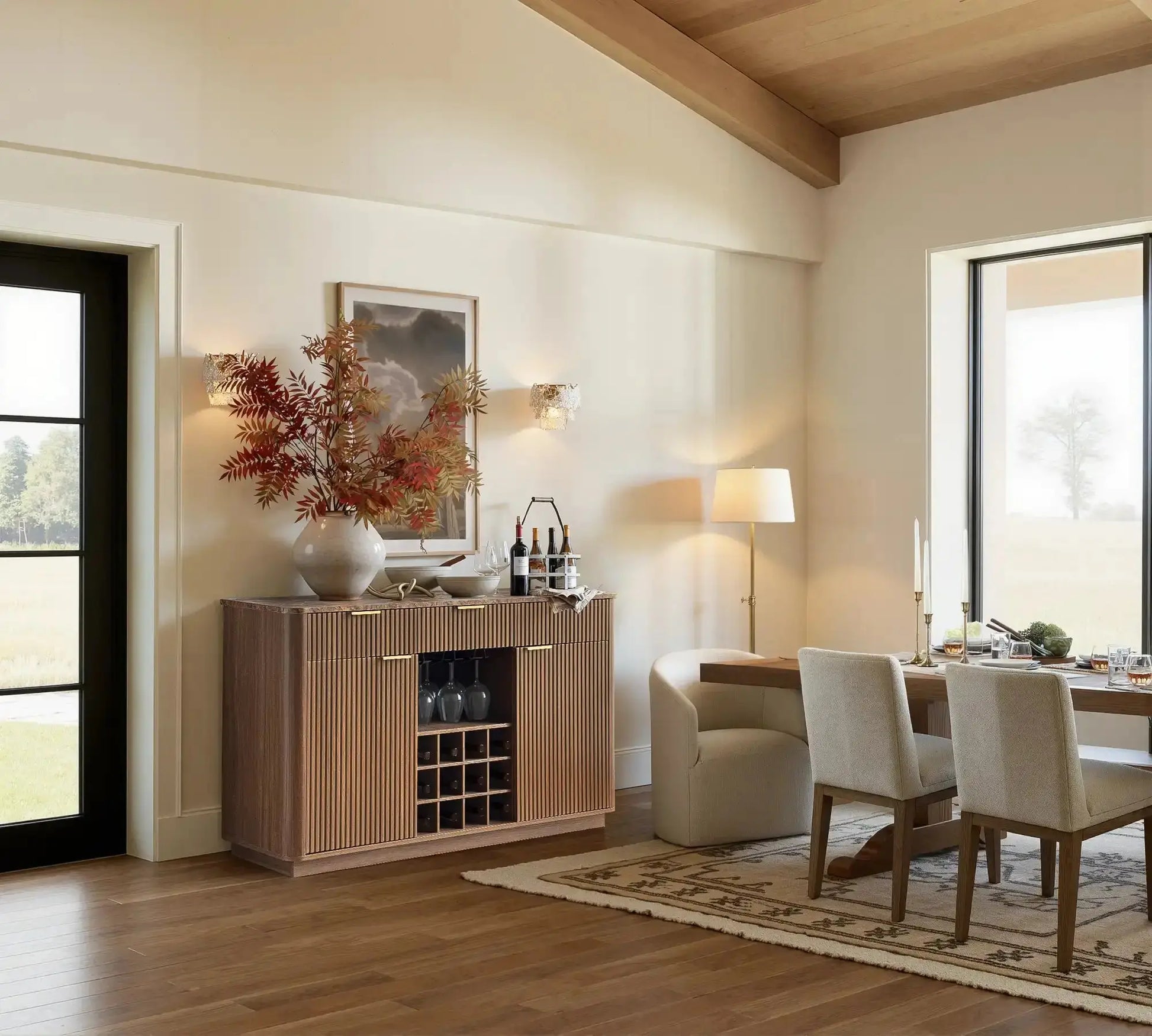 Win2Win Modern Boho 60" Sideboard – Walnut | Fluted Wine Bar Cabinet win2win