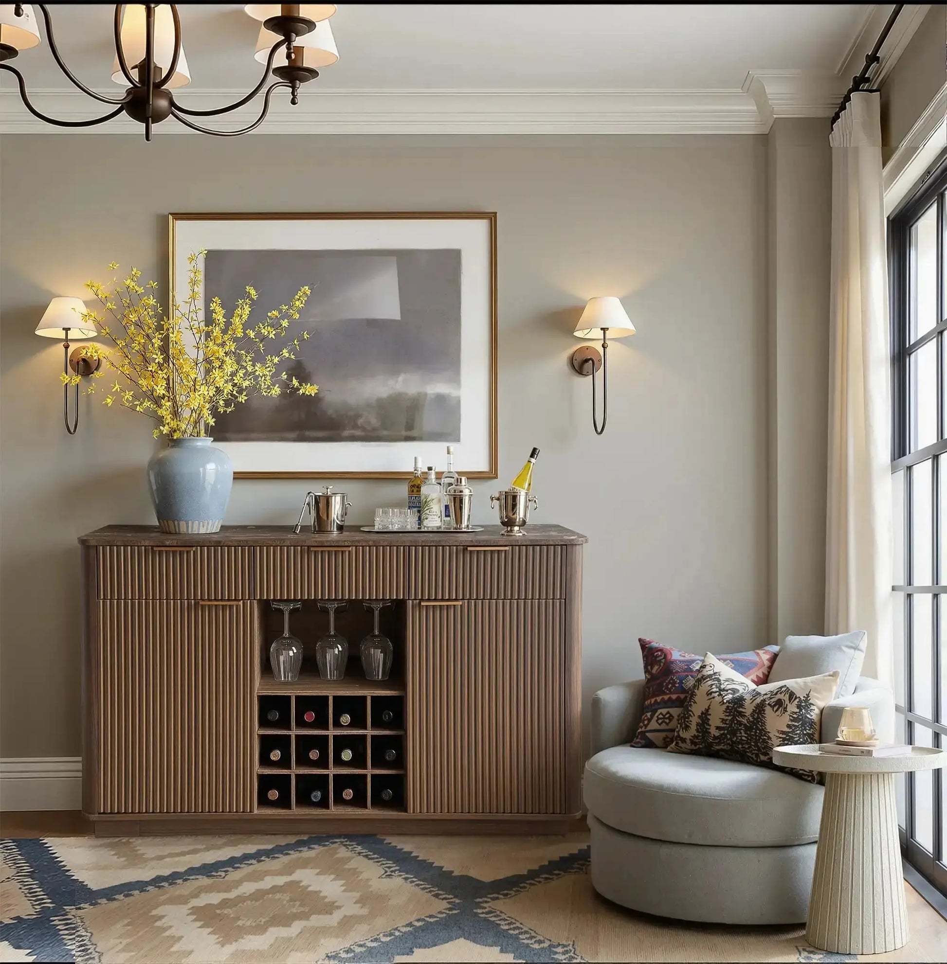 Win2Win Modern Boho 60" Sideboard – Walnut | Fluted Wine Bar Cabinet win2win