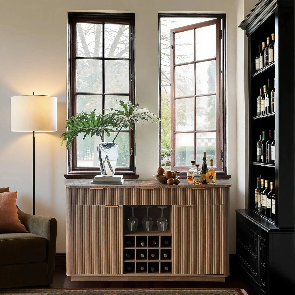 Win2Win Modern Boho 60" Sideboard – Walnut | Fluted Wine Bar Cabinet win2win