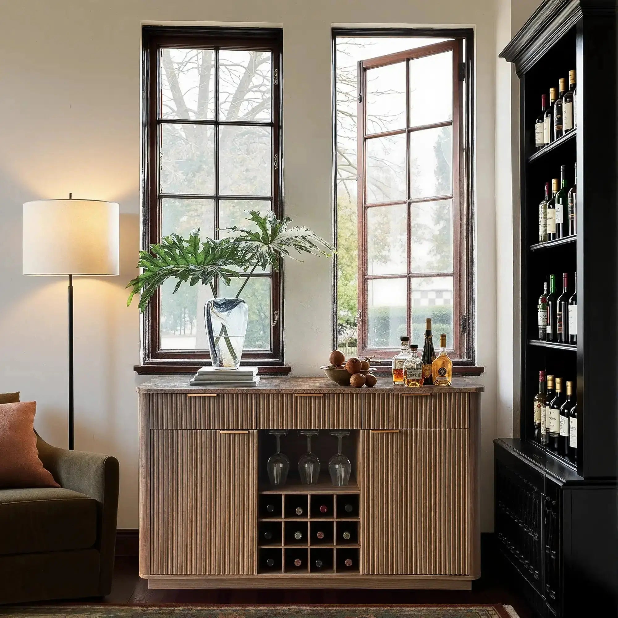 Win2Win Modern Boho 60" Sideboard – Walnut | Fluted Wine Bar Cabinet win2win