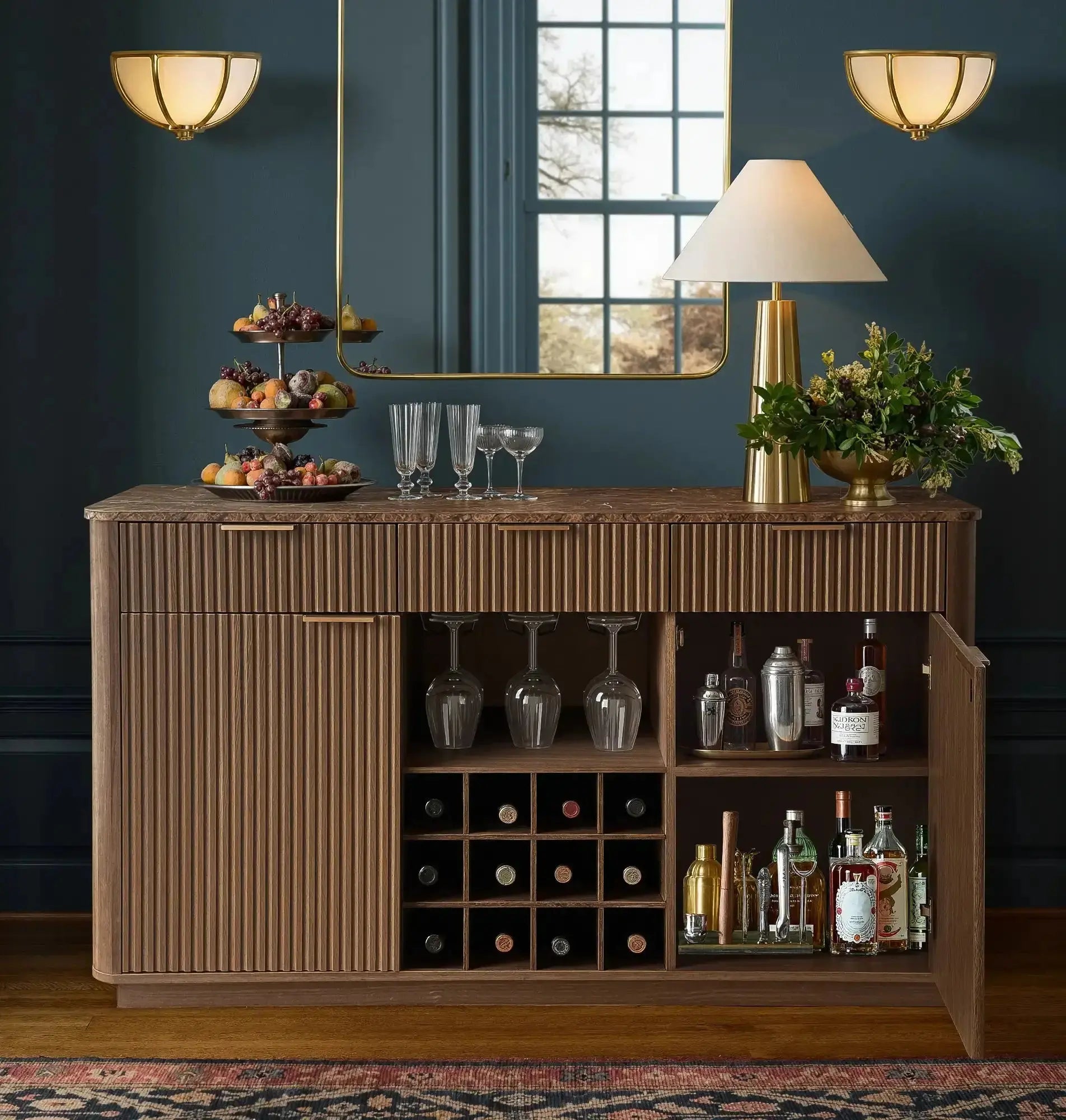 Win2Win Modern Boho 60" Sideboard – Walnut | Fluted Wine Bar Cabinet win2win